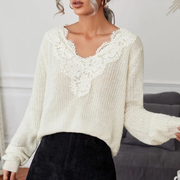 Boho cream lace trim sweater top - Picture 5 of 5